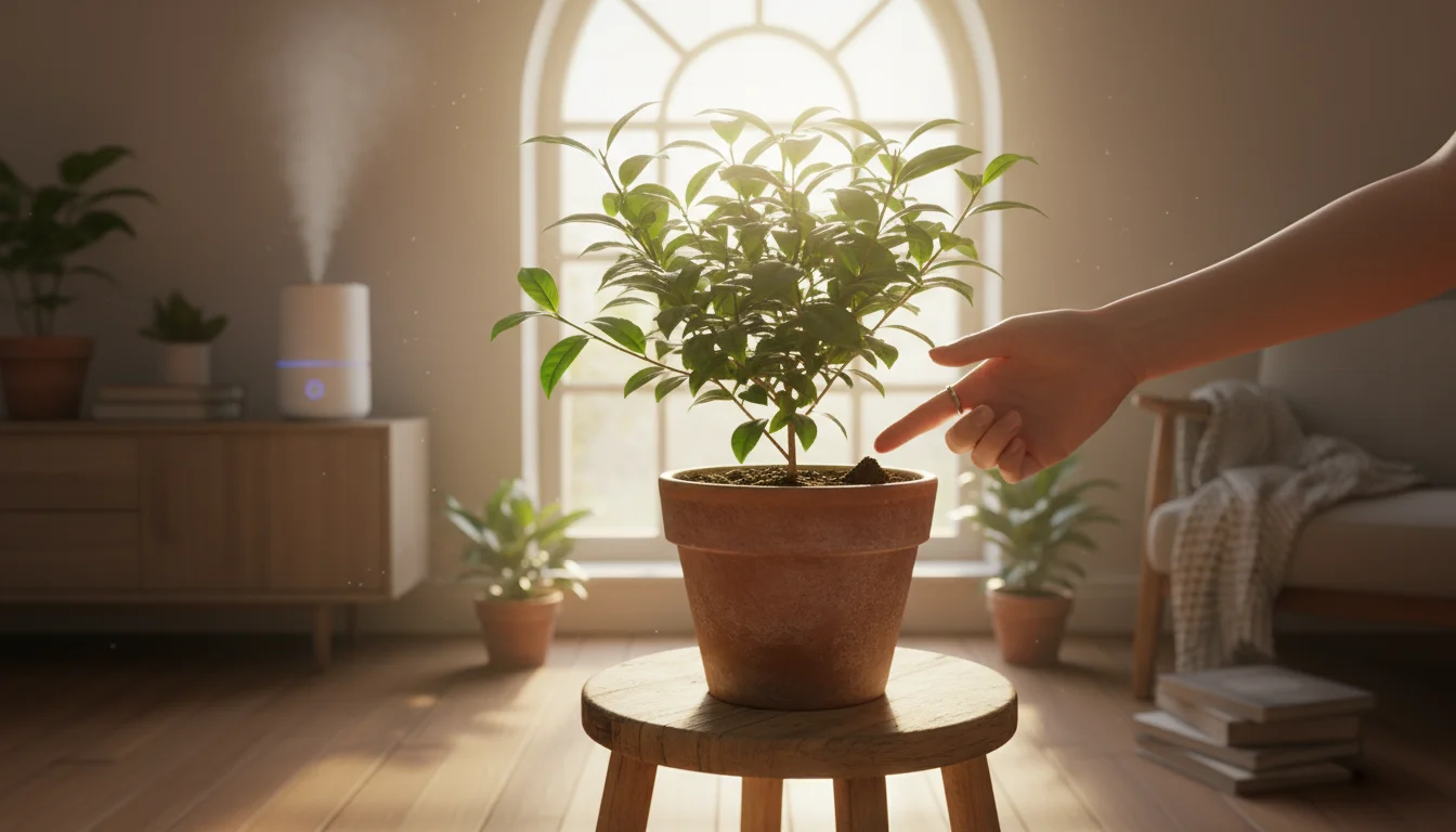 Potted Camellia sinensis tea plant on a stool by a window, a hand checking soil, with a humidifier nearby.