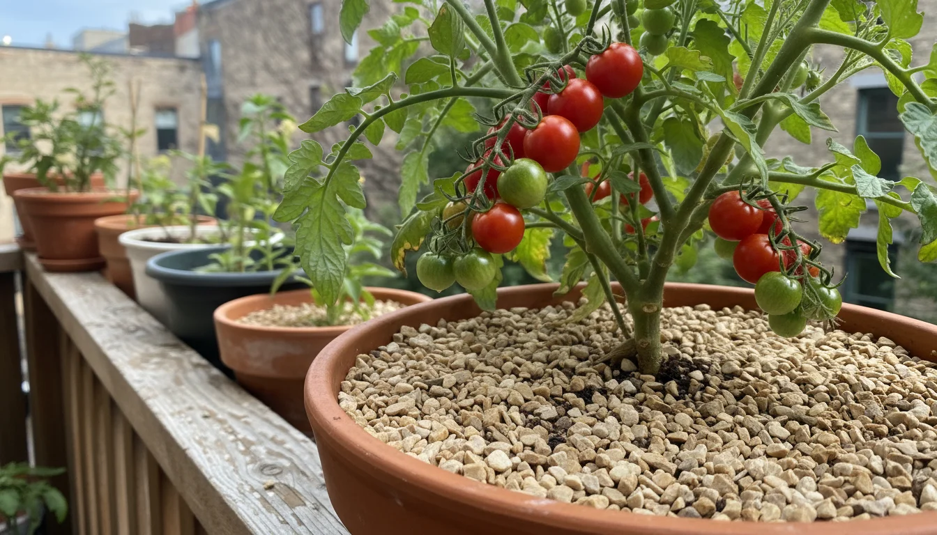 Potted cherry tomato on a balcony with a dry, light-colored gravel top dressing on the soil, illustrating a pest barrier.