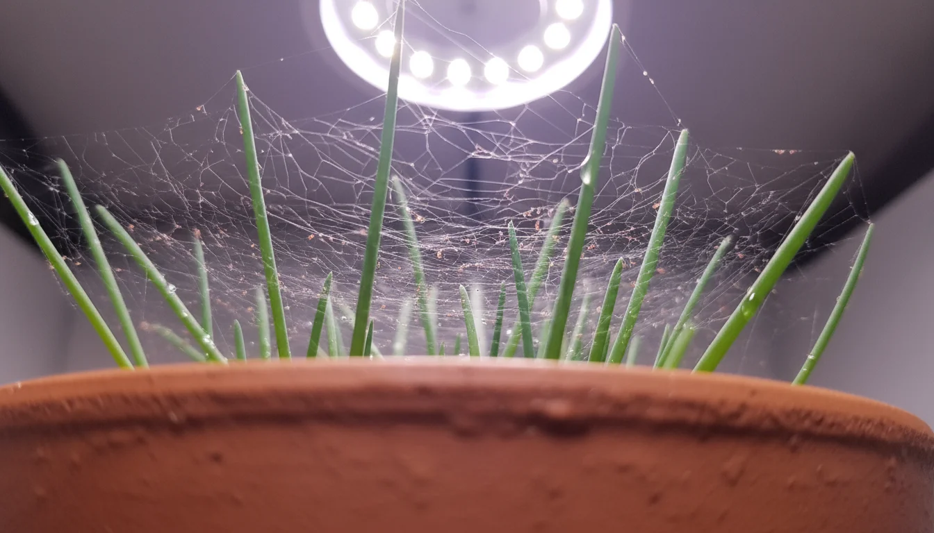 Macro view of a potted chive plant showing fine spider mite webbing and tiny red mites on leaves under a grow light.