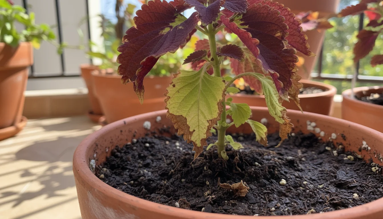 Close-up of a potted Coleus plant on a balcony with lower leaves yellowing and developing crispy brown edges, showing dark, damp soil.