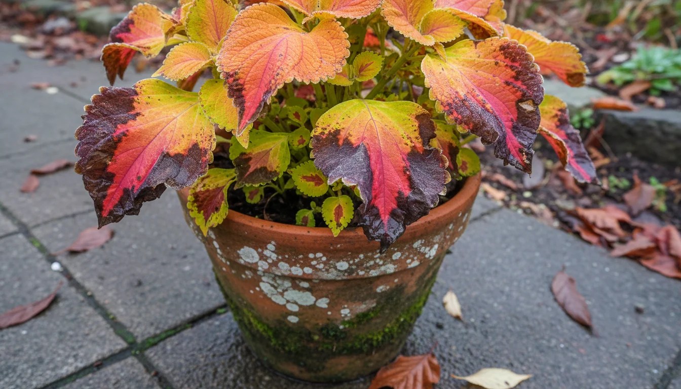 Close-up of a potted coleus plant on a cool autumn morning, showing subtle frost damage on its outer leaves.