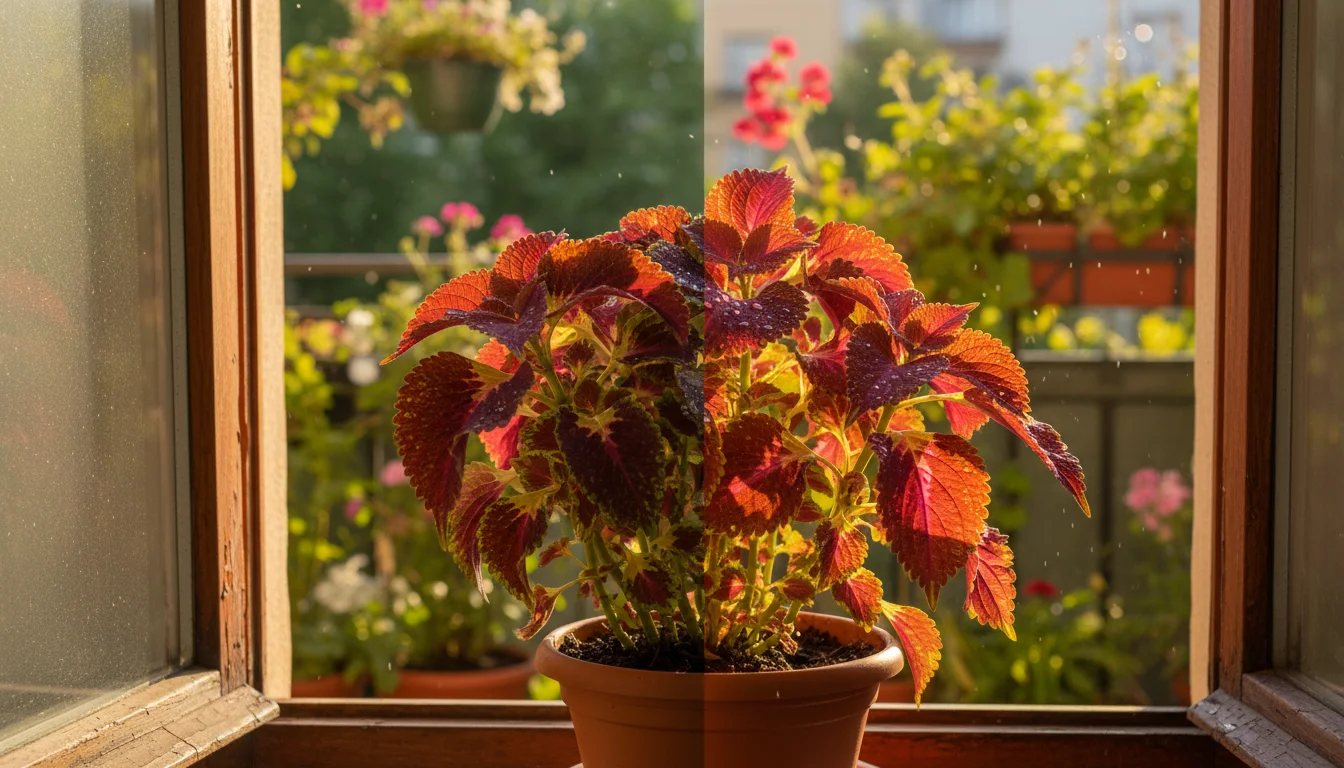 A potted coleus plant on a windowsill, partly in bright outdoor sun, partly in softer indoor light through an open window.