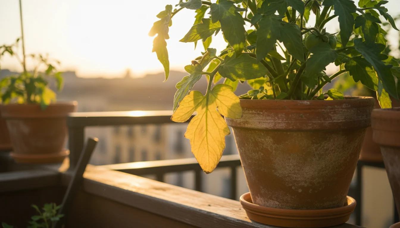 Potted determinate tomato plant on a wooden balcony railing, with one lower leaf turning a soft yellow, bathed in warm golden sunlight.