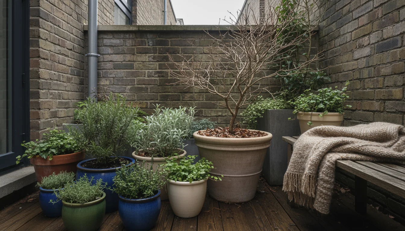 Potted dormant deciduous shrub and evergreen herbs arranged in a sheltered, softly lit corner of an urban patio.