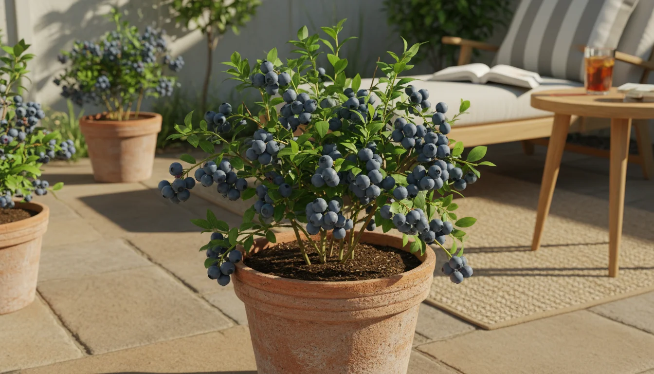 A potted dwarf blueberry bush on a sunny patio, abundant with ripe, glossy blueberries and fresh green growth.