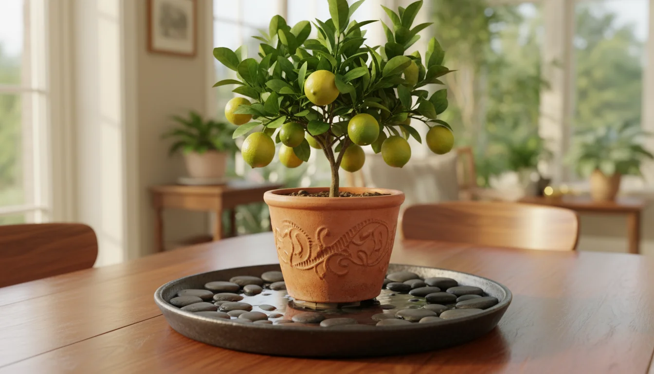 Potted dwarf lime tree sitting on a pebble-filled tray with water, the pot elevated above the water.