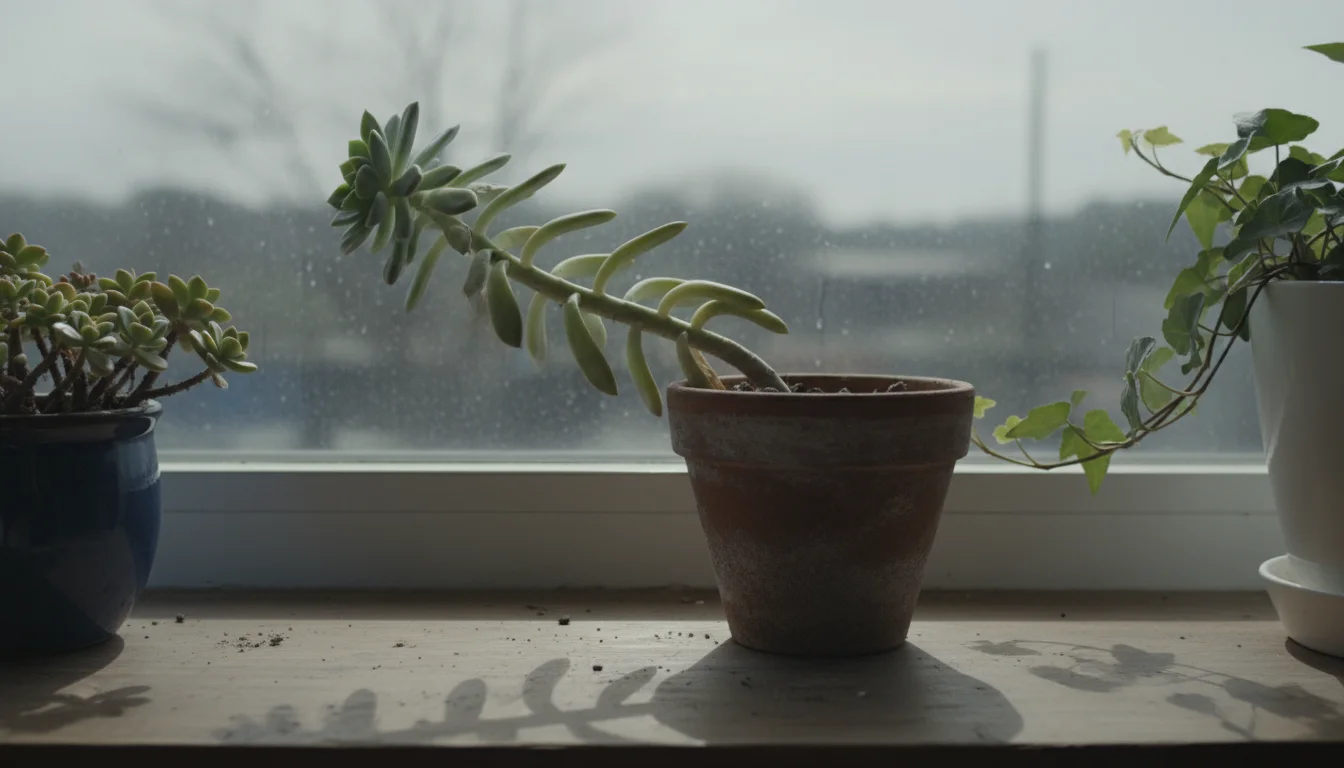 Potted Echeveria on a windowsill with subtle stretching, illuminated by weak, diffuse winter light.