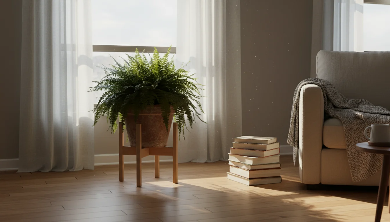 Potted fern on a wooden stand in an urban apartment, soft winter sunlight filtering through sheer curtains.