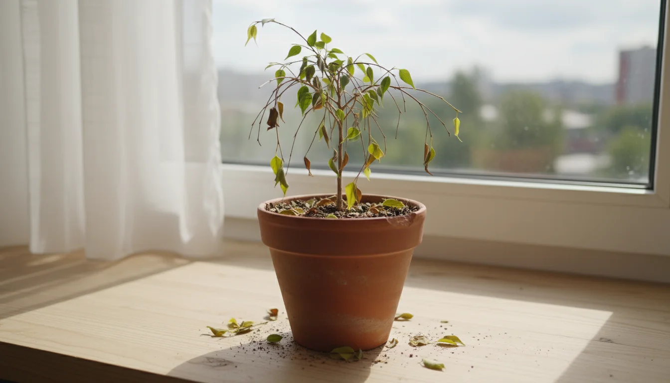 A potted Ficus benjamina houseplant with sparse lower leaves and several yellowed, fallen leaves scattered on dry soil and a windowsill.