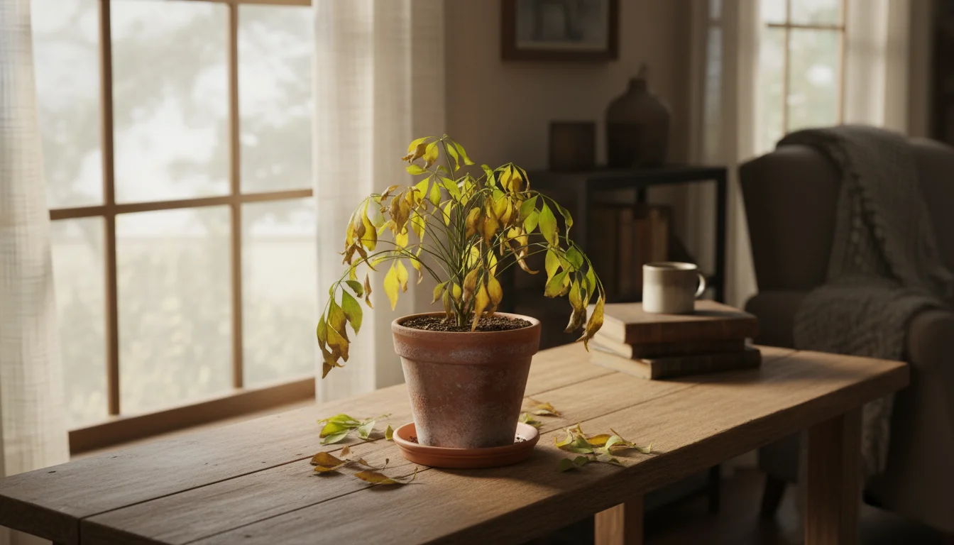 A potted ficus plant on a wooden table shows yellowing and fallen leaves, indicating winter stress, surrounded by other small houseplants.