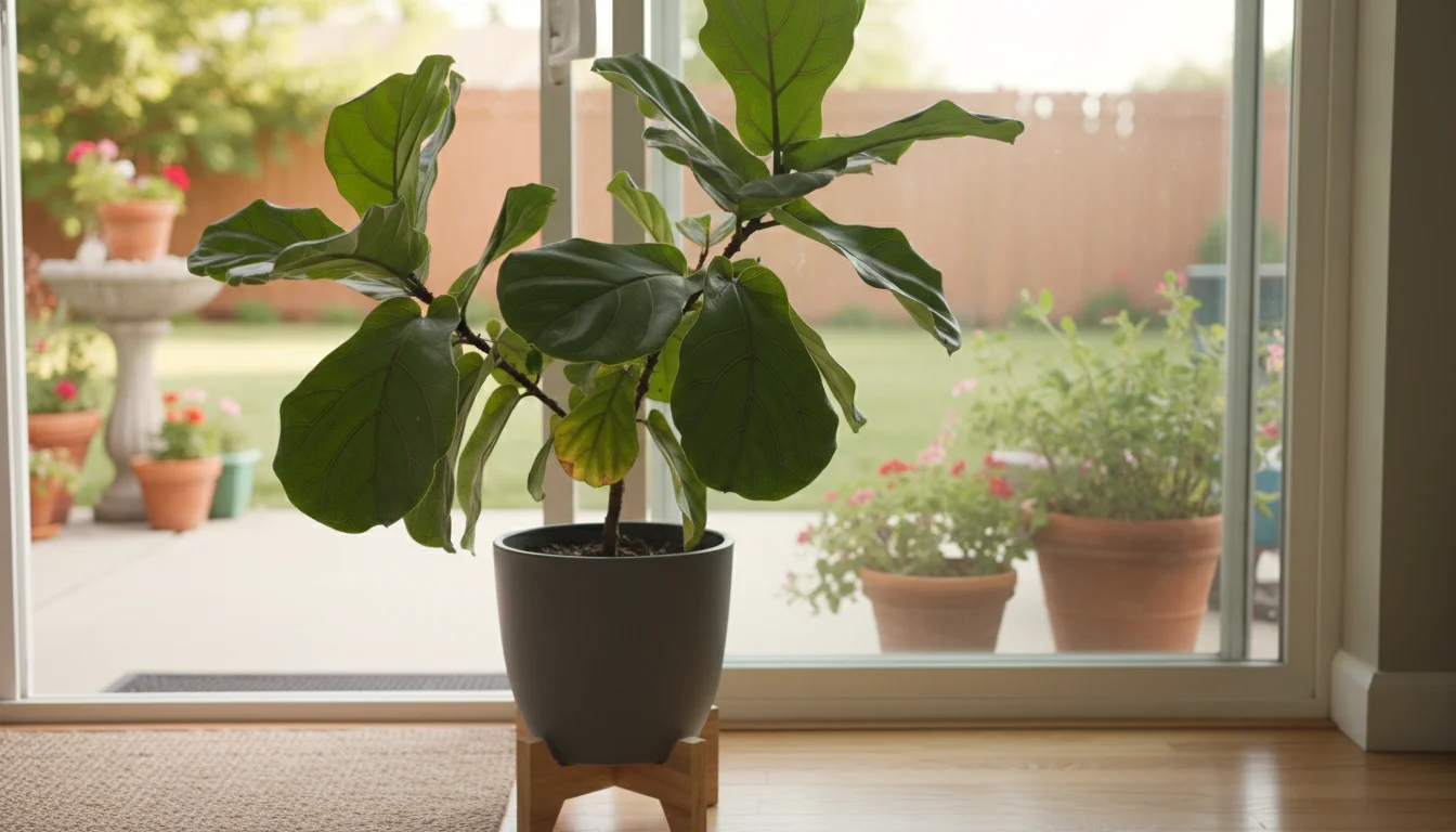 A potted fiddle-leaf fig plant inside a patio door with subtle yellowing leaves; a sunny, blurred patio garden is outside.