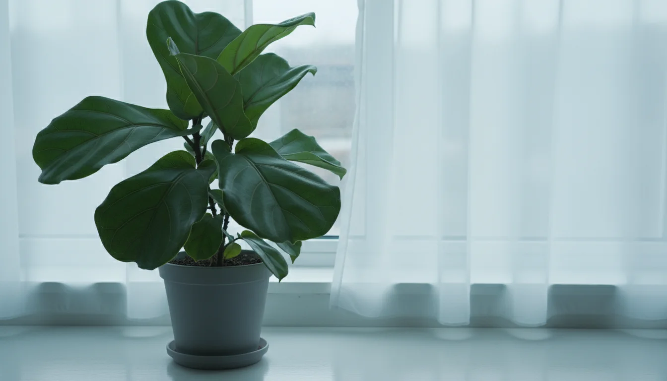 A potted Fiddle Leaf Fig plant on a windowsill near a closed window. A sheer curtain subtly ripples, hinting at a draft.