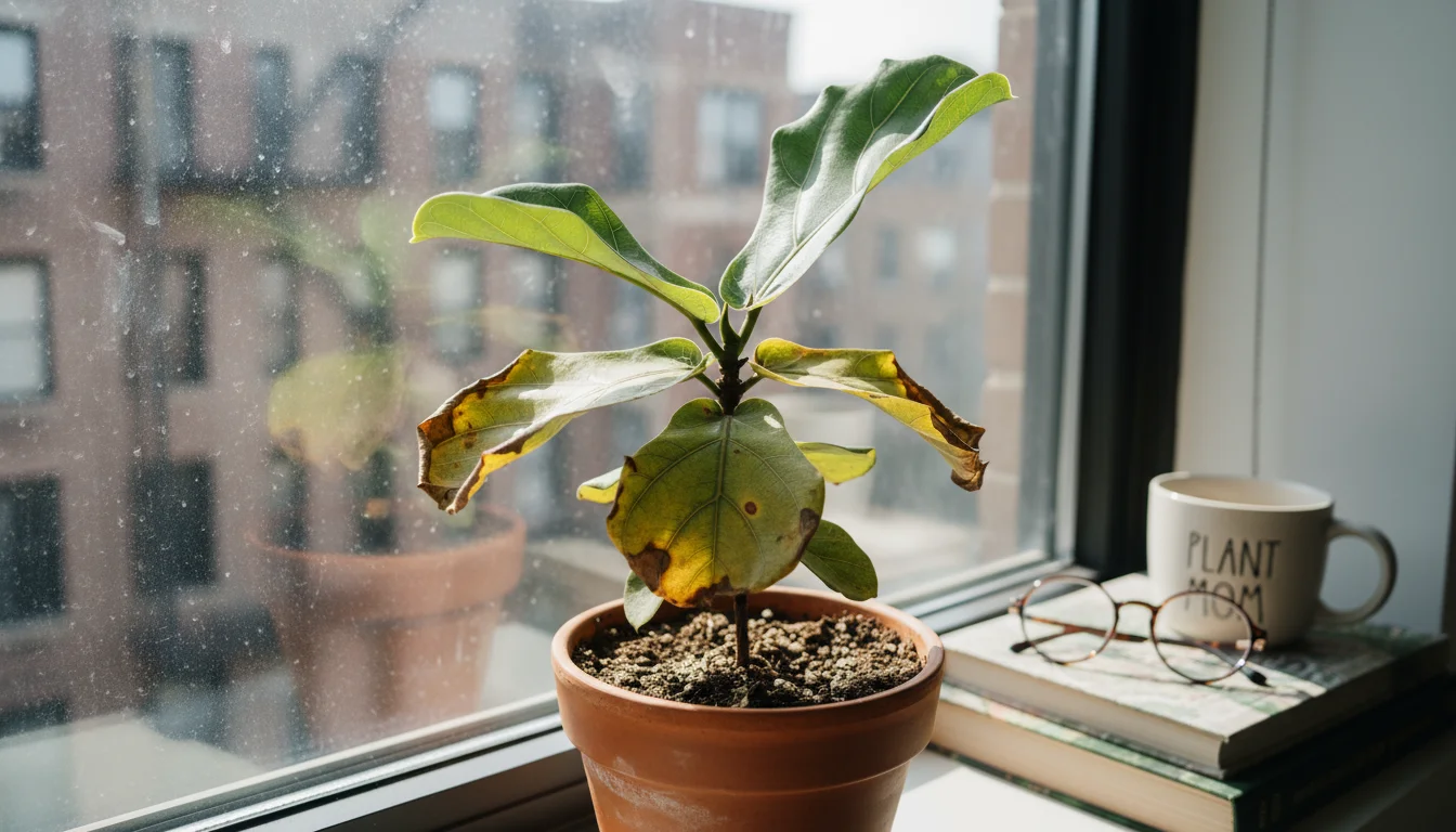 Close-up of a potted Fiddle Leaf Fig on a sunny windowsill, showing yellow and crispy brown leaves from heat stress.