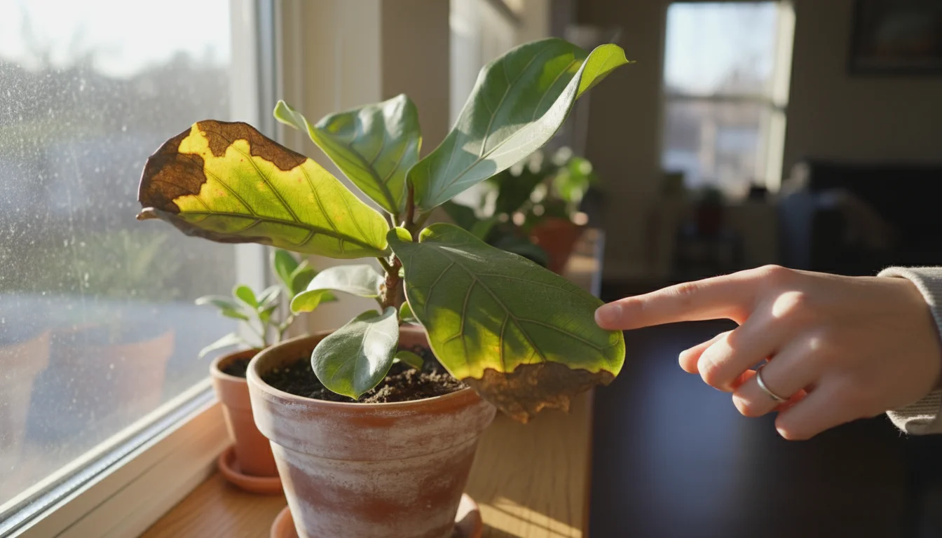 A potted Fiddle Leaf Fig on a windowsill shows yellow, scorched leaves from sudden sun. A hand points to the damage.