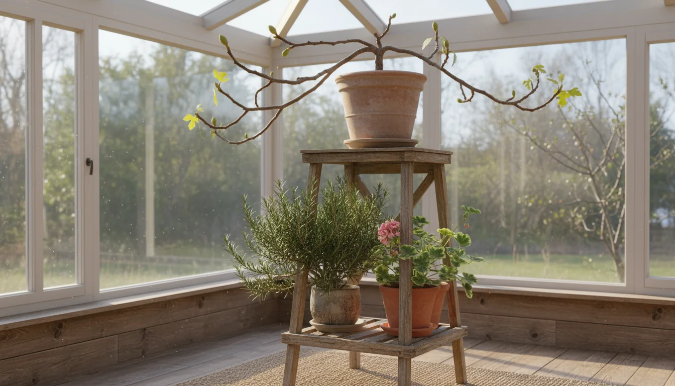 Potted fig tree with swelling buds, a rosemary bush, and a pelargonium on a rustic wooden stand in a sunroom, bathed in soft morning light.