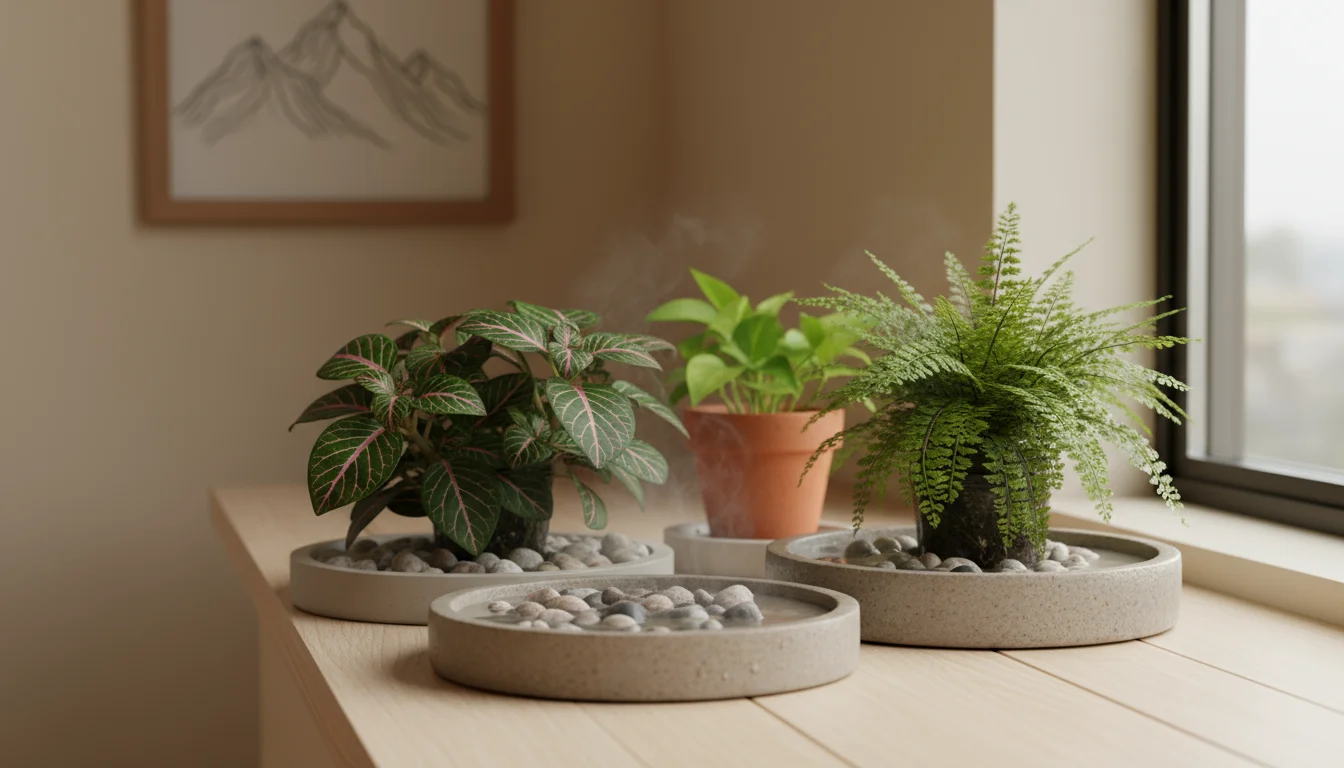 Potted Fittonia and fern plants sit on pebble trays on a natural wooden windowsill.