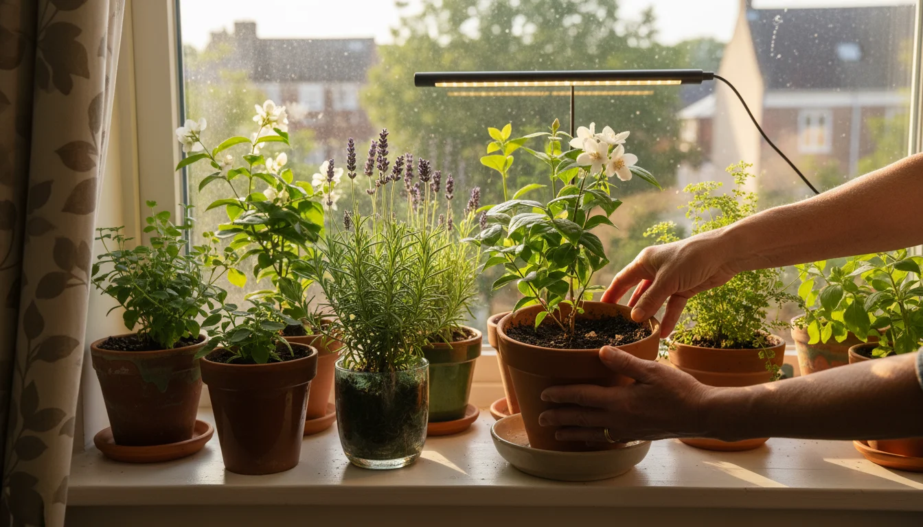 Potted fragrant houseplants thrive on a bright window sill. A small LED grow light aids a jasmine plant. A person's hands gently check a terracotta po