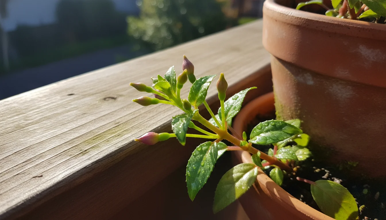 Close-up of a potted fuchsia on a wooden railing, showing vibrant new green shoots and tiny flower buds emerging among older leaves.
