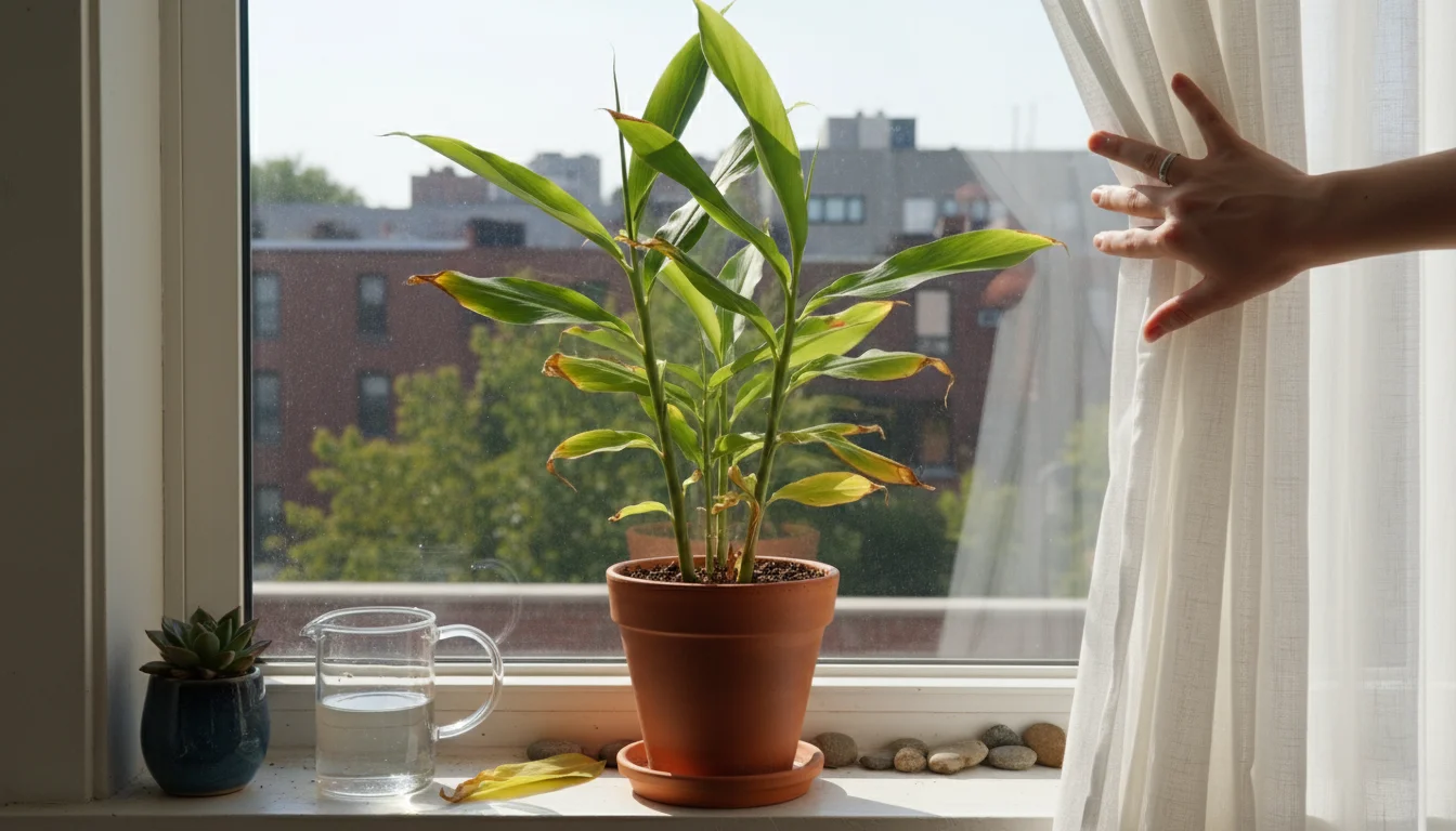 Potted ginger plant with yellowing leaves and crispy tips on a bright windowsill. A hand pulls a sheer curtain across the window.
