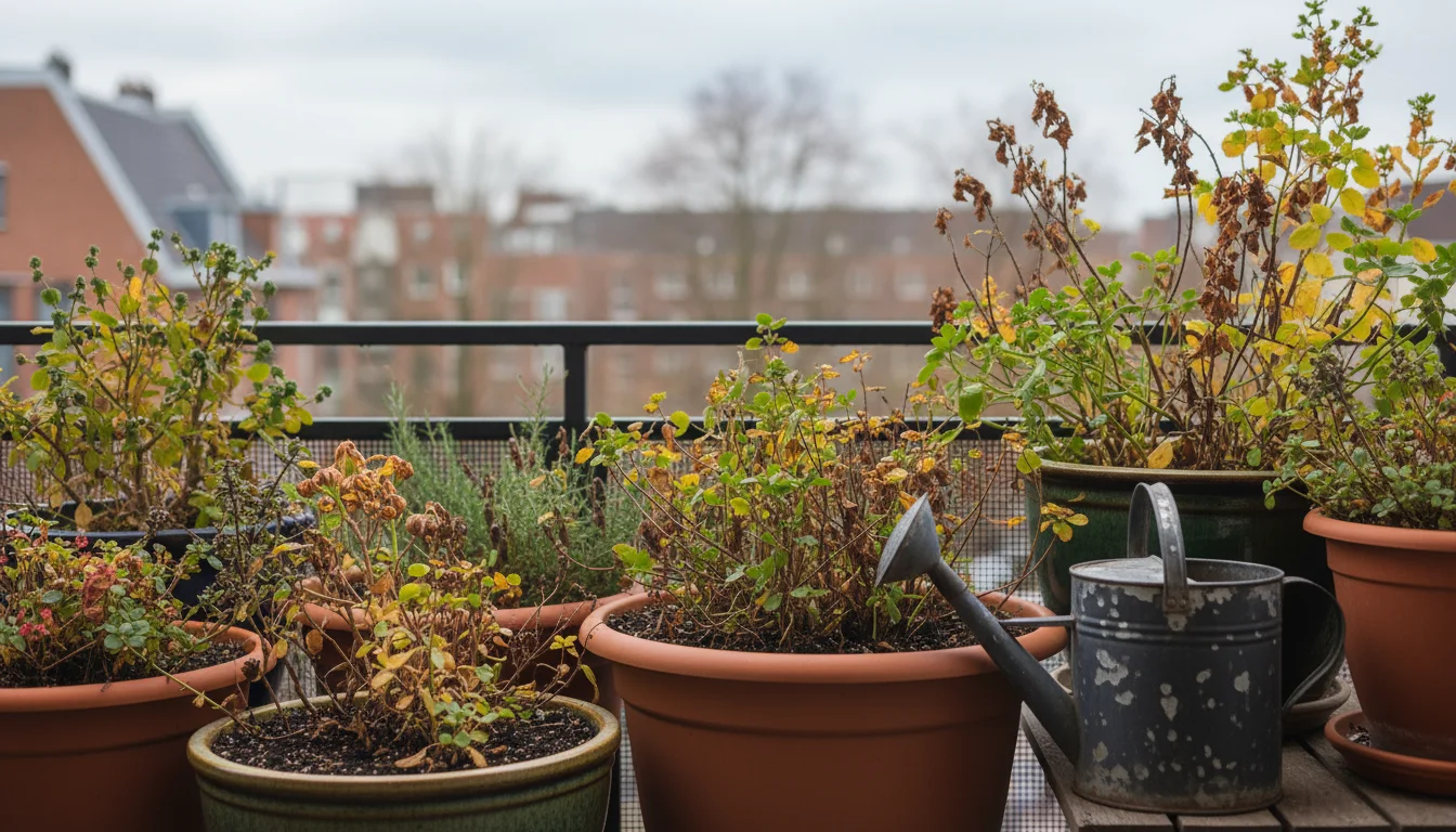 Potted hardy perennials on a small city balcony in late autumn, showing signs of dormancy with yellowing leaves and dry soil.
