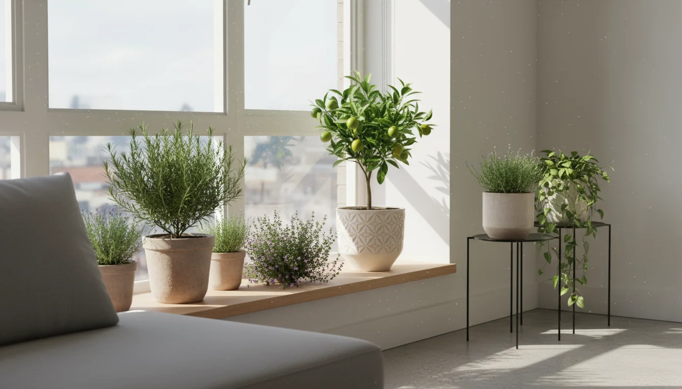 Potted herbs and a dwarf citrus tree sit on a bright windowsill and plant stand, bathed in natural sun and a subtle grow light.
