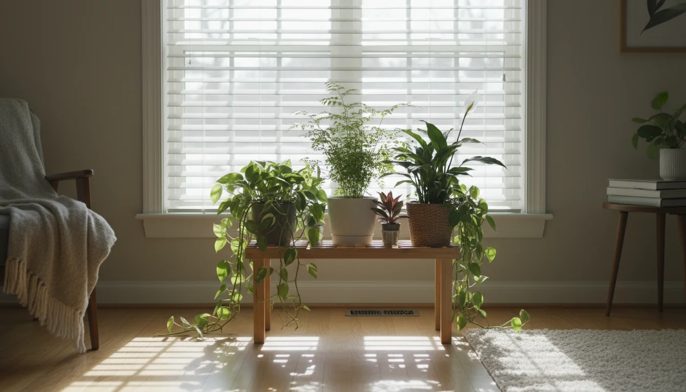 Potted houseplants grouped on a wooden stand in front of a window with partially tilted white blinds, receiving bright indirect winter light.