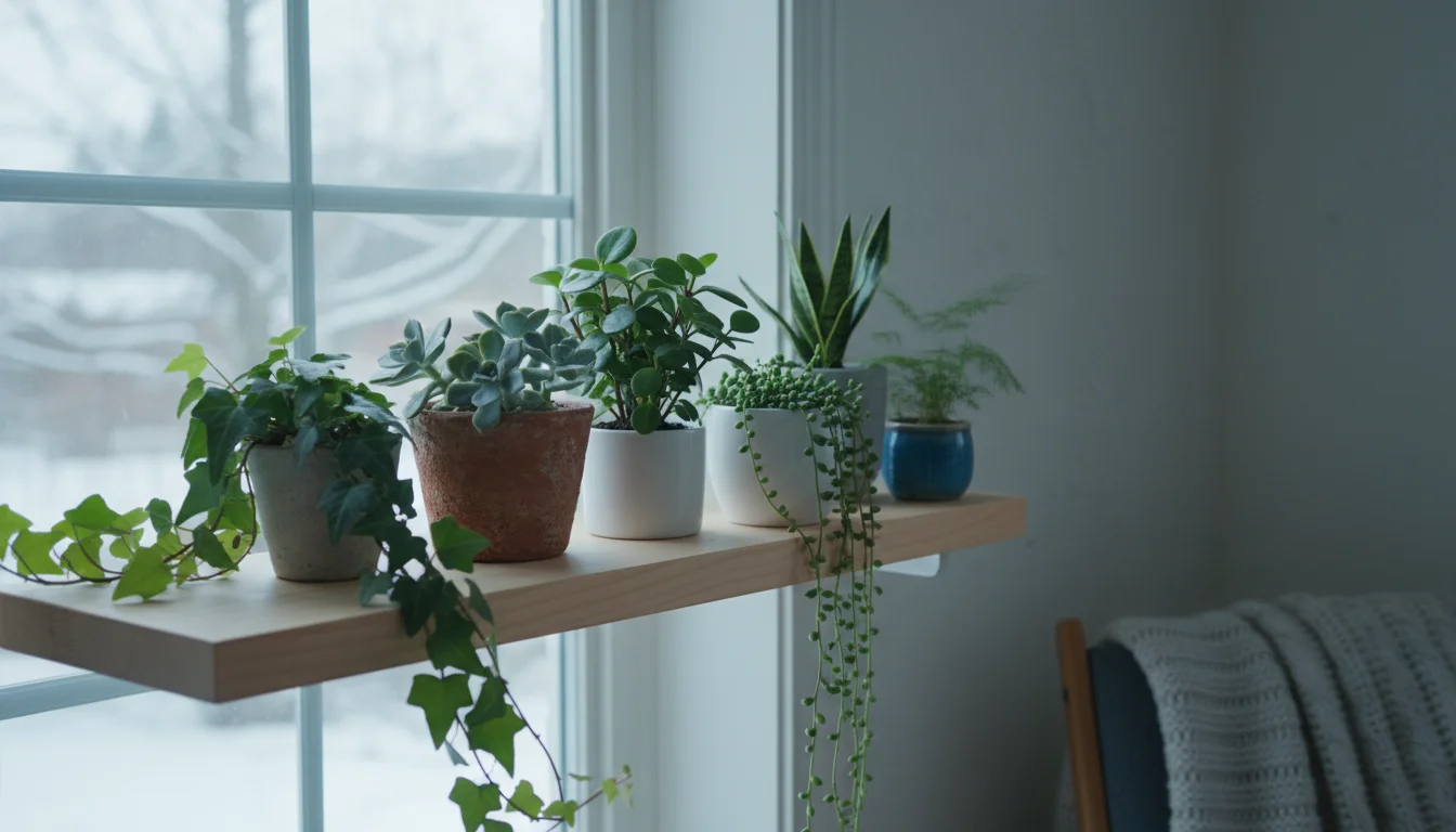 Potted houseplants, including ivy and succulents, on a wooden windowsill bathed in soft, cool winter light from a window with bare trees visible outsi