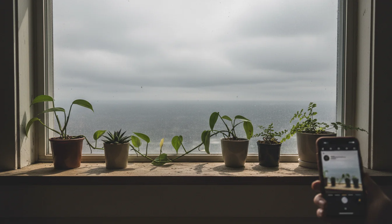 Potted houseplants on a shelf next to a window, illuminated by weak, diffused winter light on a cloudy day.