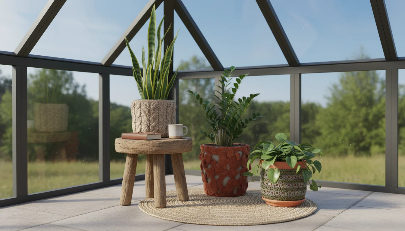 Potted houseplants in various handmade 'pot sweaters' in warm morning light, with reading glasses resting on a stool near a pot with a loose yarn stra