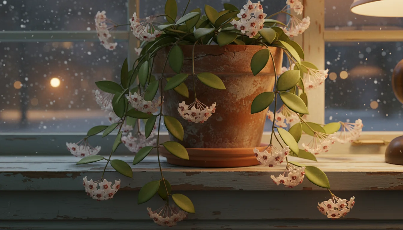 A potted Hoya carnosa with clusters of delicate, waxy flowers on a rustic windowsill at night, softly lit by an interior lamp.