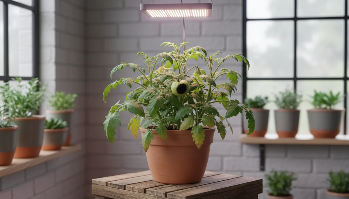 Potted indoor tomato plant under a grow light showing yellowing lower leaves and blossom end rot on a small green tomato.