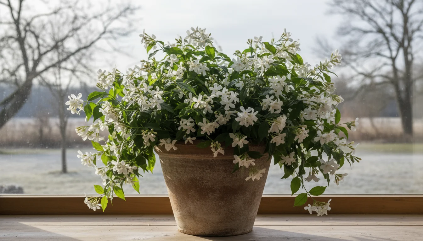 A potted Jasminum polyanthum houseplant with abundant white flowers and green leaves on a wooden windowsill, contrasting with a muted winter outdoor s