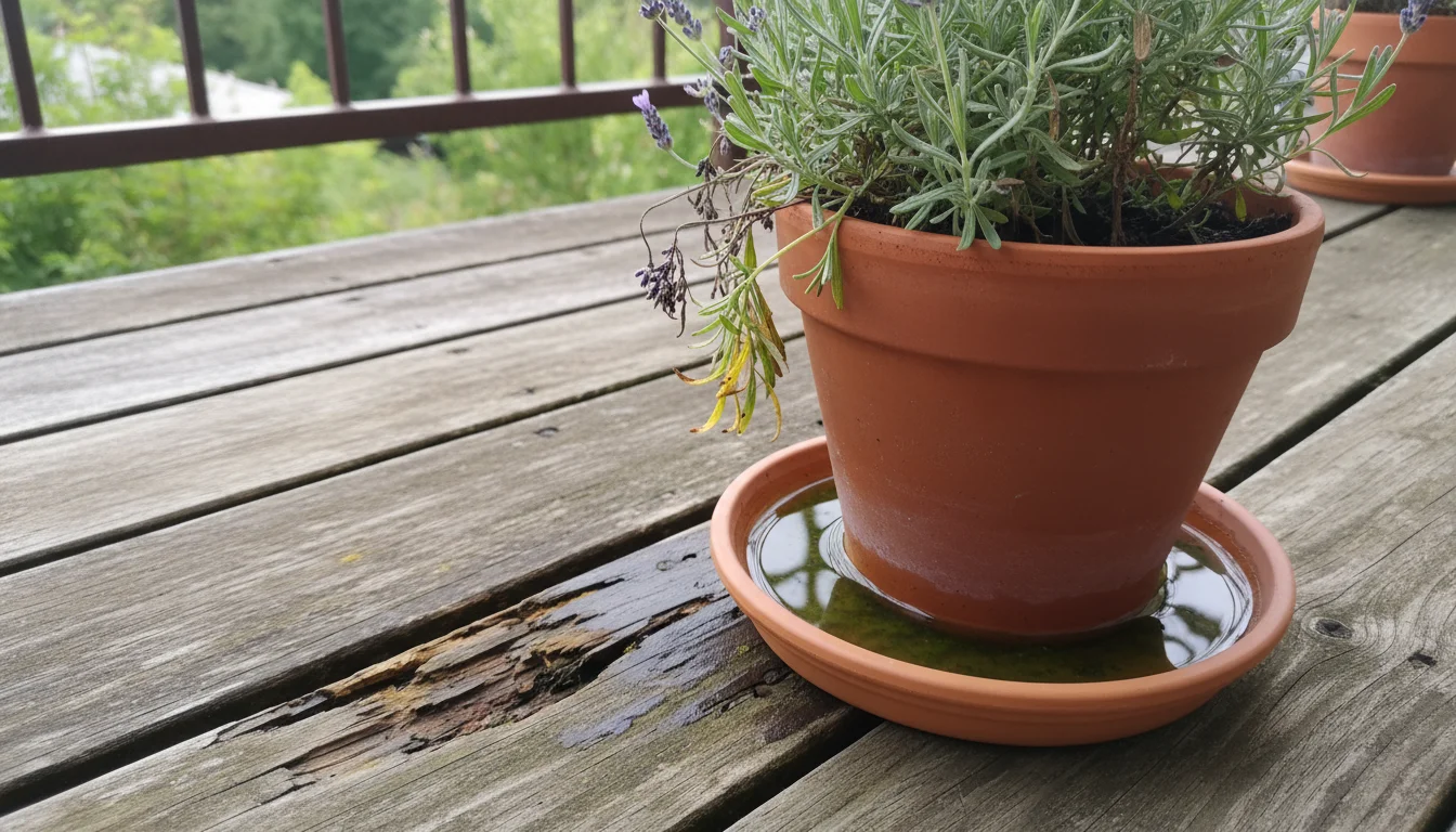 Potted lavender with yellowing lower leaves sits in a terracotta saucer full of stagnant water on a wooden balcony.