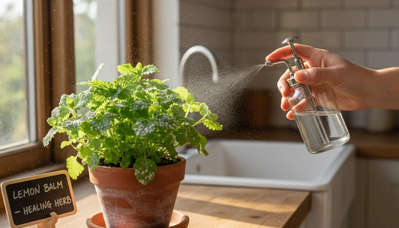 Potted lemon balm on a sunny windowsill, its leaves show white powdery mildew. A hand uses a spray bottle to mist the plant.