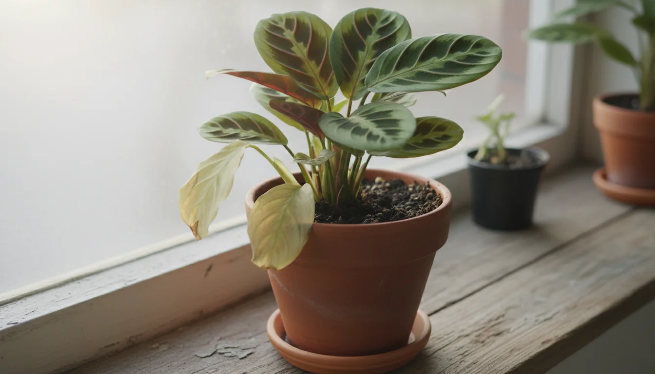 A potted Maranta leuconeura (prayer plant) with several yellowed, drooping lower leaves on a windowsill, showing signs of distress.