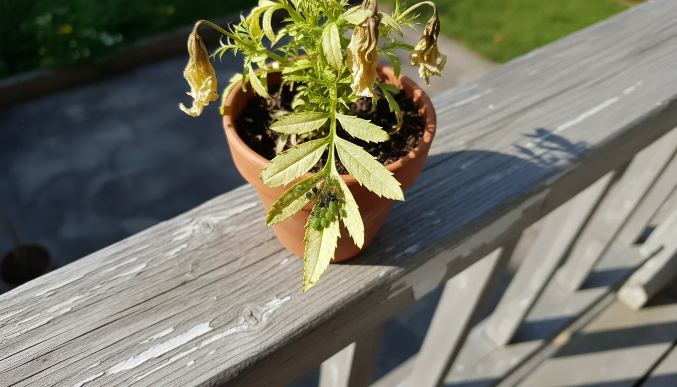 Potted marigold plant on a balcony railing with distorted, yellowed leaves, showing a cluster of green and black aphids and sticky honeydew.