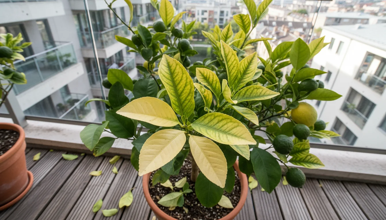 Close-up of a potted Meyer lemon tree's leaves, showing distinct pale yellowing on older and younger foliage with green veins, indicative of chlorosis