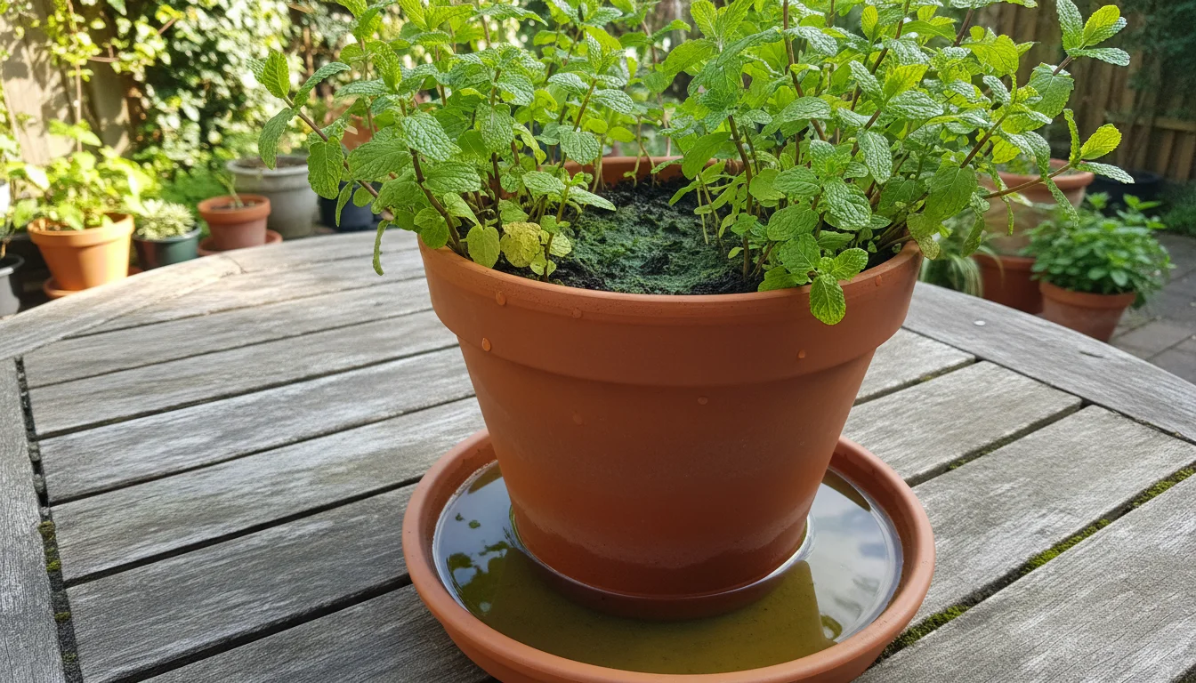 A potted mint plant with yellowing lower leaves sits in a saucer of standing water on a wooden table. The soil is visibly wet with green film.