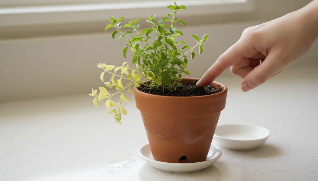 Potted oregano plant with yellowed lower leaves, a person's finger checking the soil moisture in a terracotta pot.