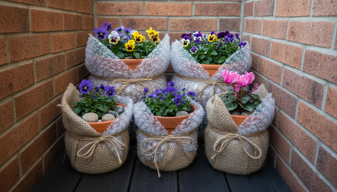 Potted pansies, violas, and cyclamen clustered against a brick wall on a balcony, wrapped in burlap and bubble wrap for frost protection.