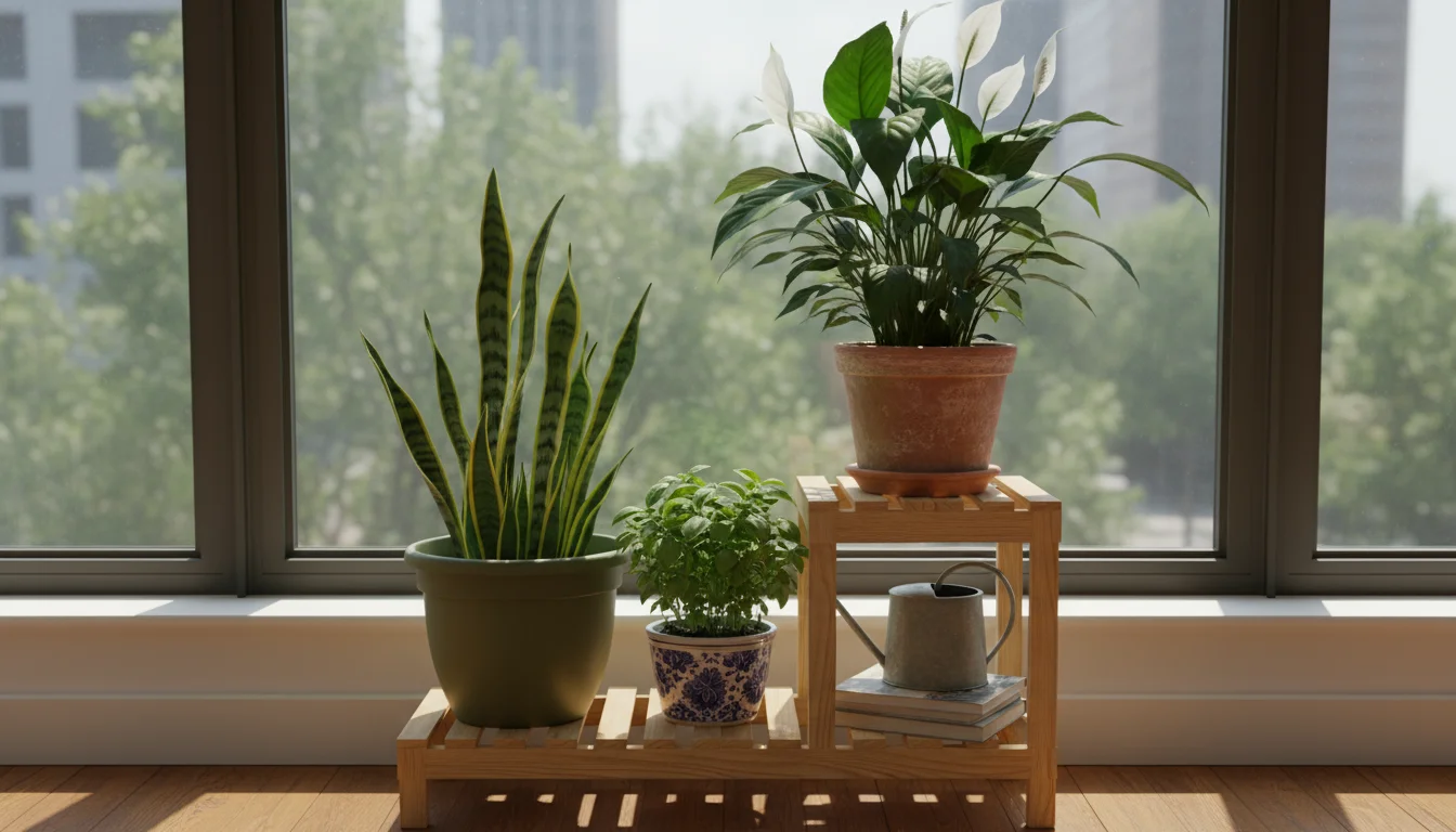 Potted peace lily in terracotta and snake plant in plastic on a tiered stand by a window, showing varied light and pot types.
