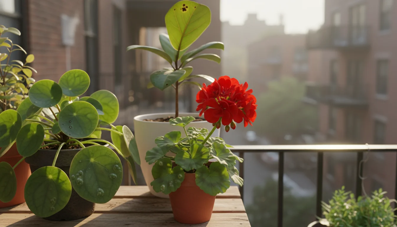 Potted Peperomia, Geranium, and Ficus 'Bambino' on an urban balcony shelf, showing subtle edema symptoms like wart-like bumps and corky spots.