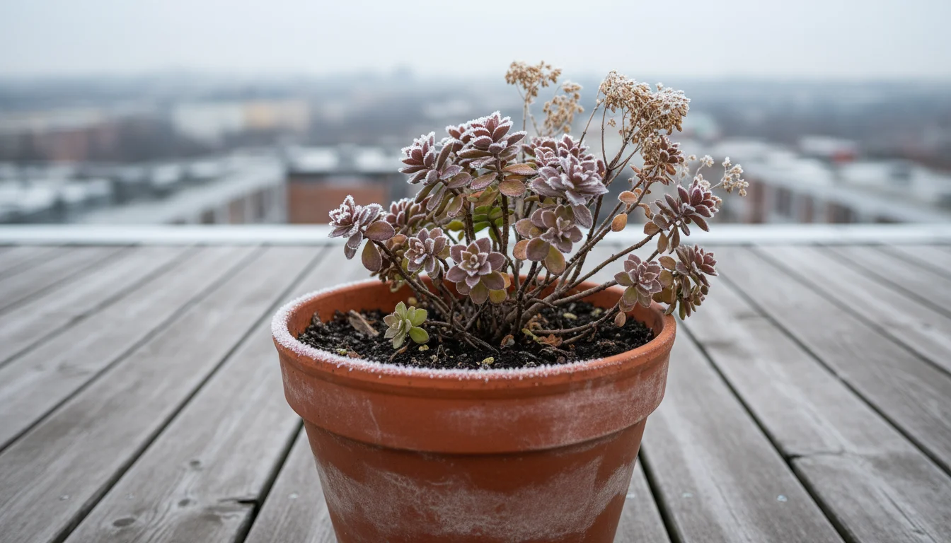 Potted perennial plant with faint frost on its terracotta pot, resting on a wooden balcony floor, showing signs of winter exposure.