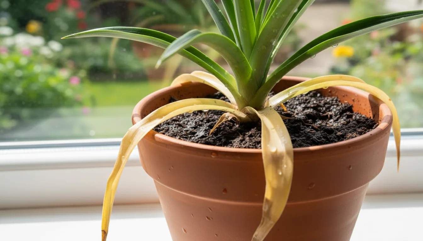 A potted pineapple plant on a bright windowsill with distinct yellow, soft lower leaves and visibly dark, damp soil.