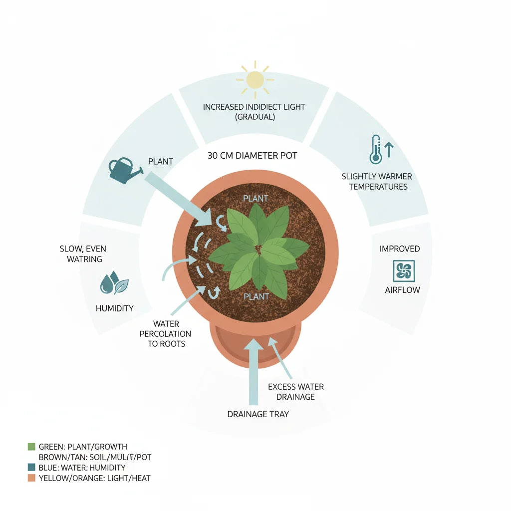 Potted plant diagram: Arrows show water flow from soil surface, through roots, to drainage holes at the bottom of a 30 cm pot.