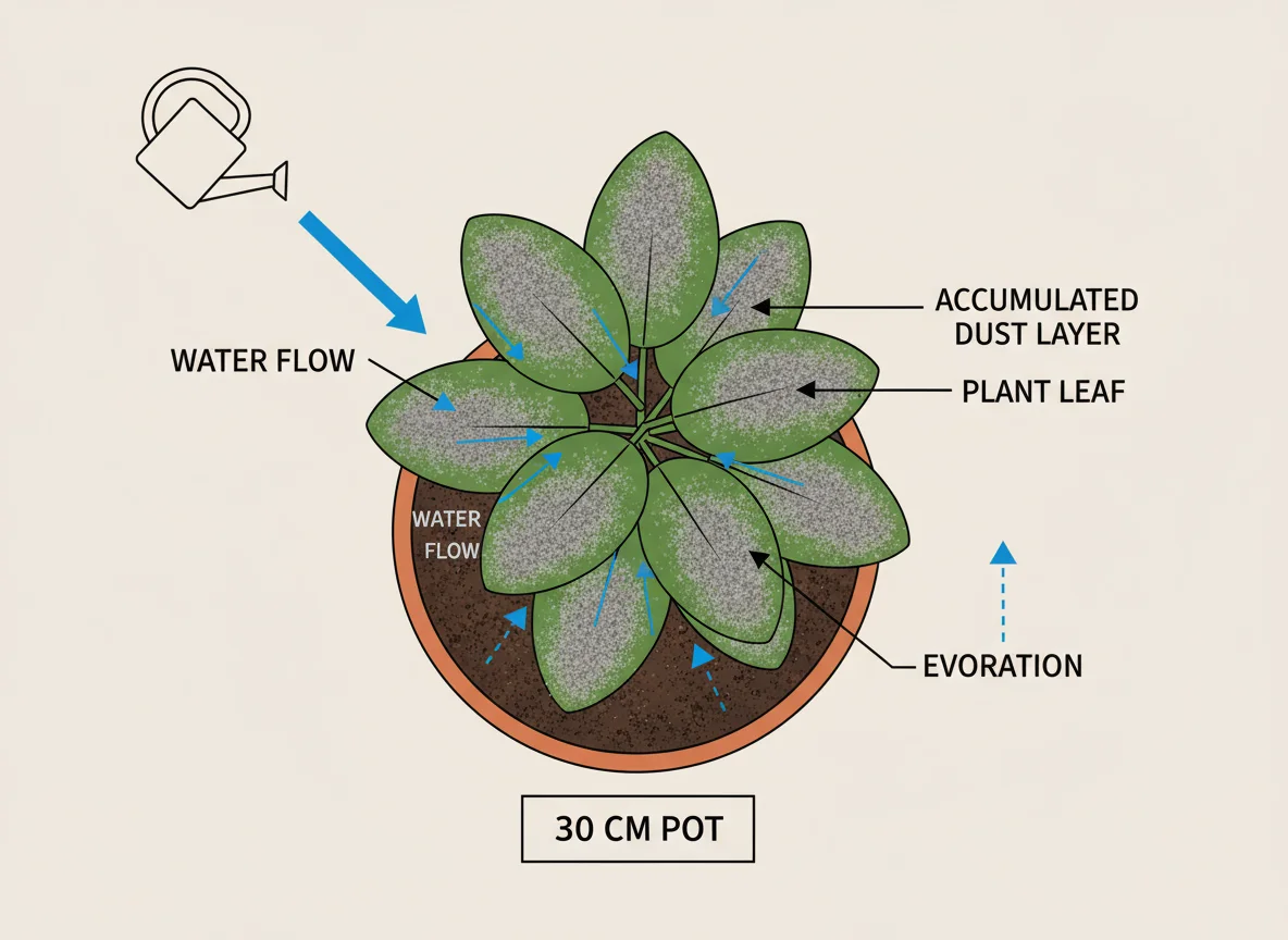 Potted plant diagram: Dust layer on leaves, water flow, 30cm pot. Illustrates dust accumulation in dry winter homes.