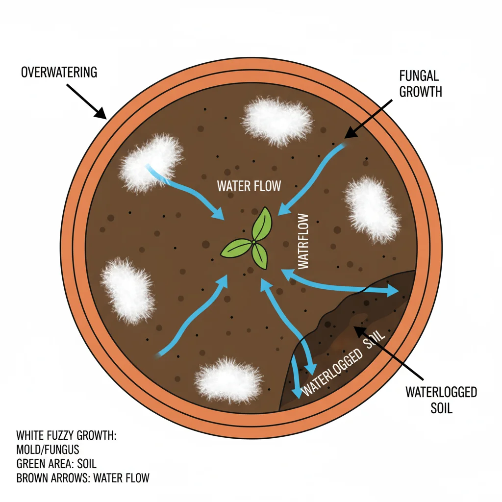 Potted plant diagram: Fuzzy mold on seedling, arrows for water flow, 
