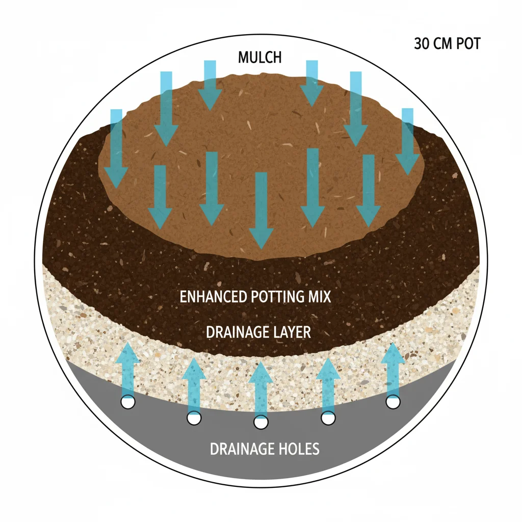 Potted plant diagram: mulch layer on soil surface in 30cm pot. Arrows show water draining down through soil.