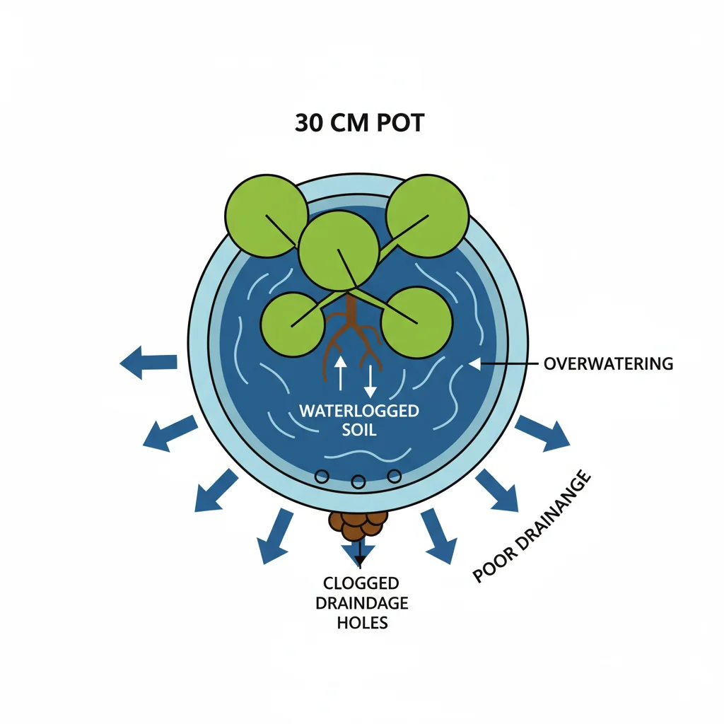 Potted plant diagram: overwatering. Arrows show water pooling in 30cm pot due to poor drainage.