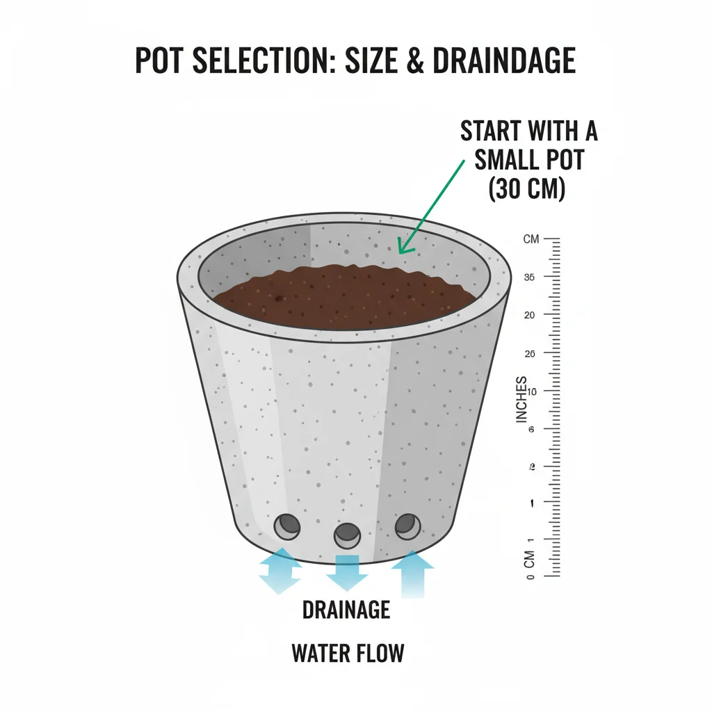 Potted plant diagram: 30cm pot, drainage holes, soil. Arrows show water flow. 